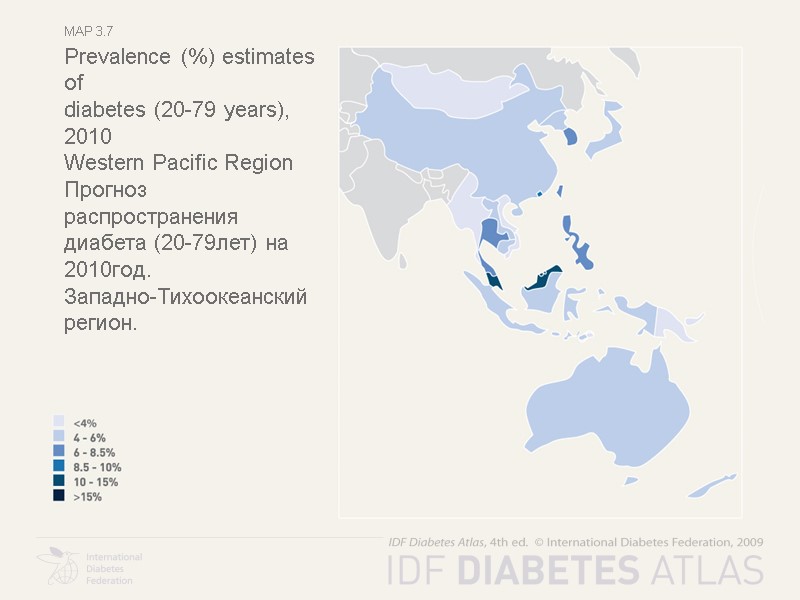 Map 3.7 Prevalence (%) estimates of  diabetes (20-79 years), 2010 Western Pacific Region